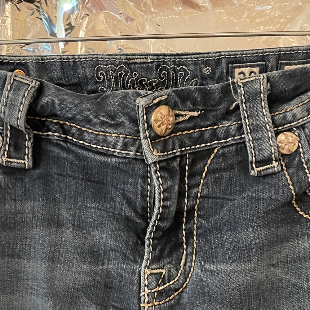 Miss Me Dark Blue Denim Jeans with Cream Stitching cropped or straight 27 in ins - Picture 2 of 10